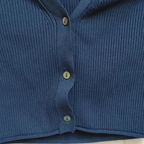 ZARA dark blue ribbed cropped long sleeves button up top shirt Small - Picture 7 of 8